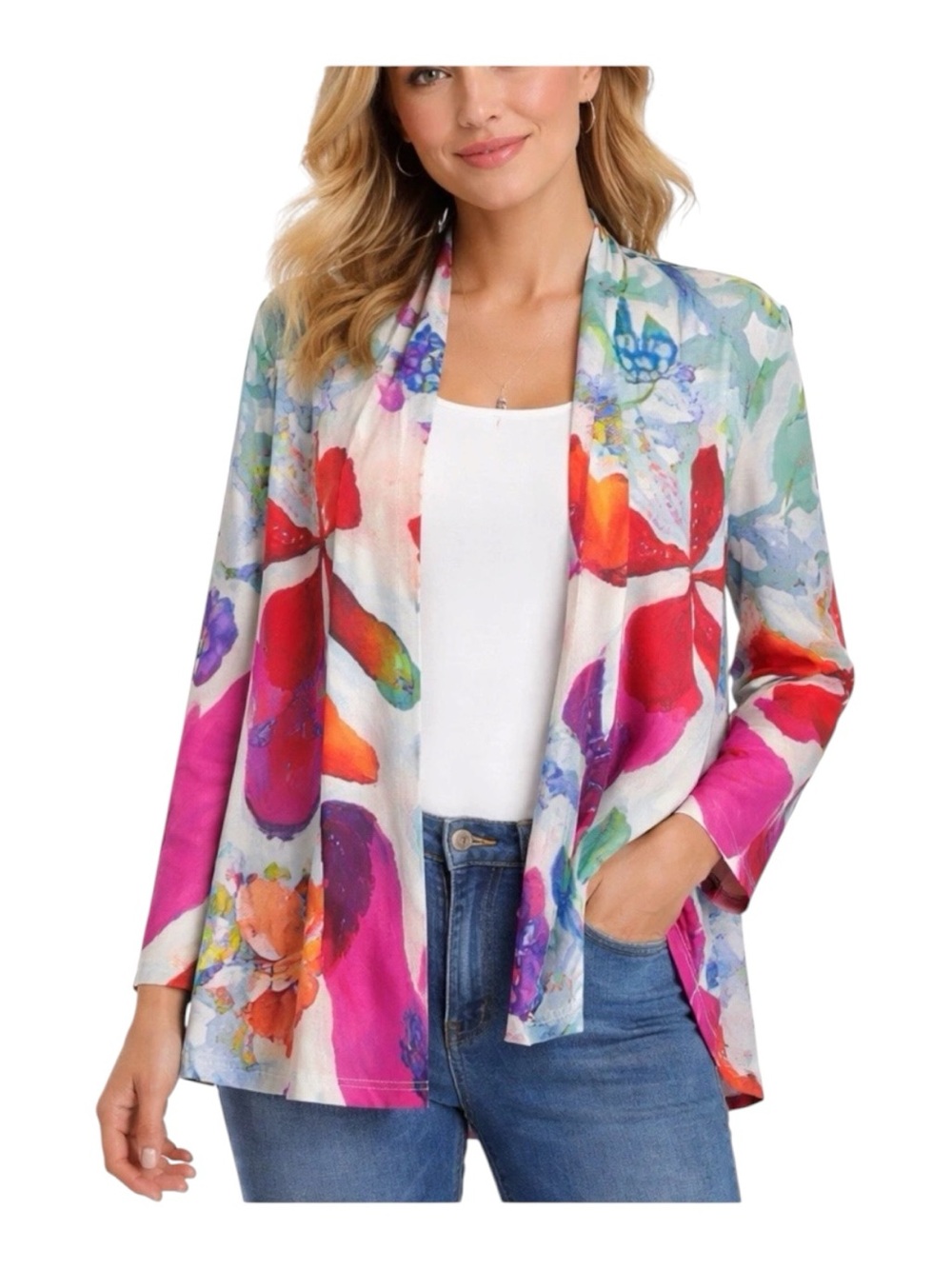 Claire Desjardins Shawl Collar Cardigan Size 2X Watercolor Floral Art To Wear